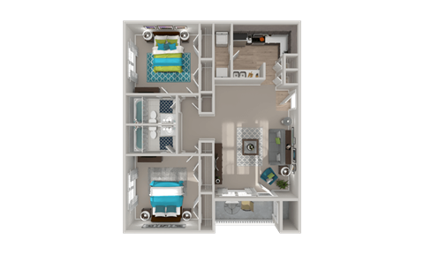 Floor plan for 2 beds, 2 baths, 1047 sqft
